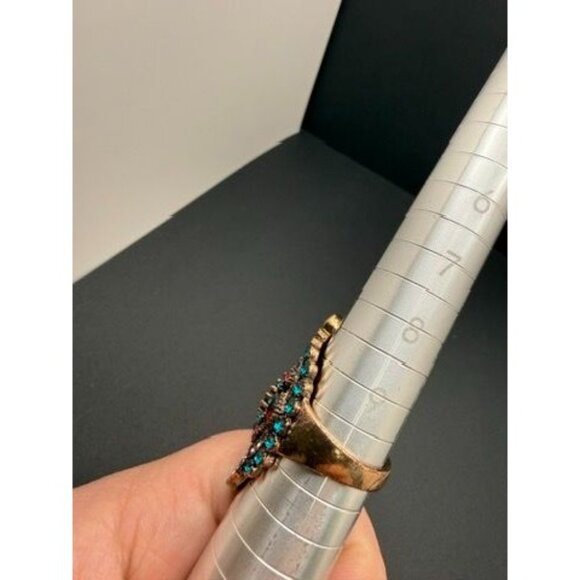 VTG Bohemian Fashion Statement Ring – Red Teardrop Center, Turquoise & Rhinesto - Picture 3 of 5